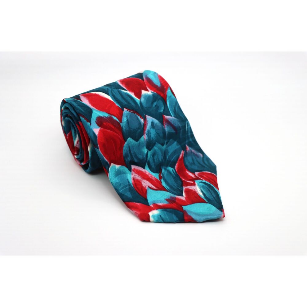 Vintage Viaggio Silk Necktie – Blue Red Abstract Floral Flame Pattern